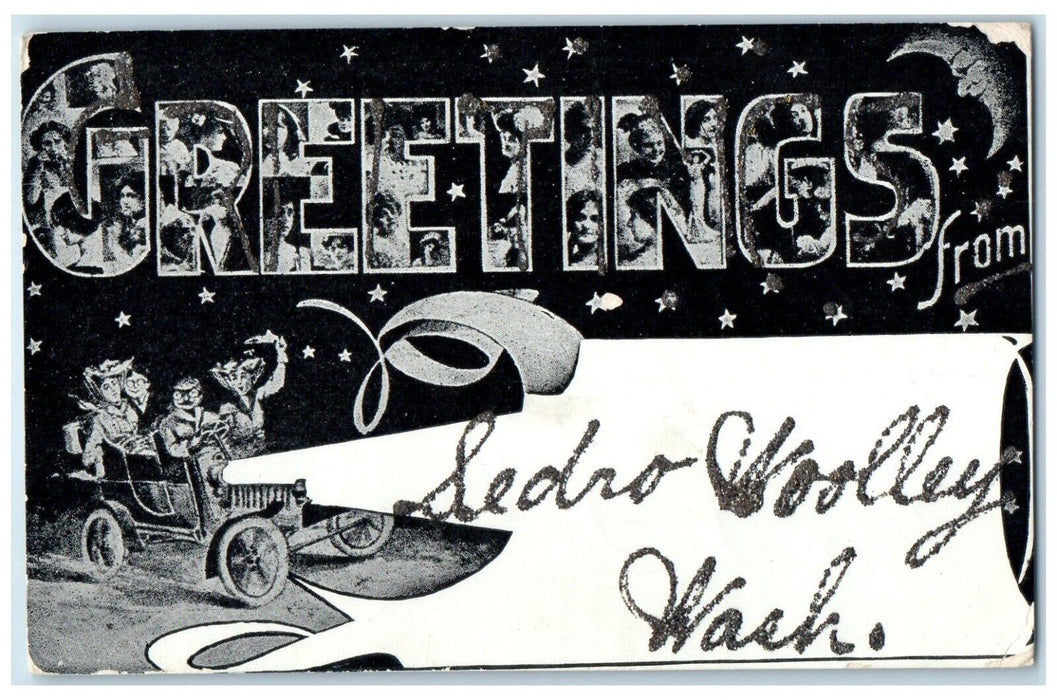 c1905 Greetings From Sedro Woolley Washington Glitter Banner WA Vintage Postcard