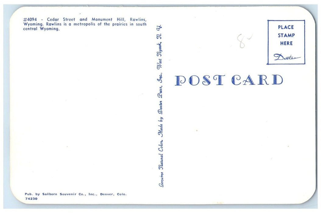 c1960 Busy Day Cedar Street Monument Hill Rawlins Wyoming WY Unposted Postcard