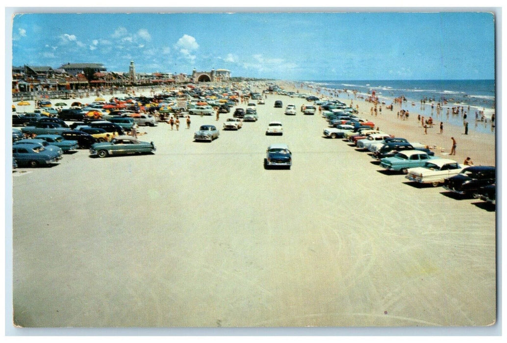 c1960 Driving Hard-Packed Sand World Famous Daytona Beach Florida FL Postcard