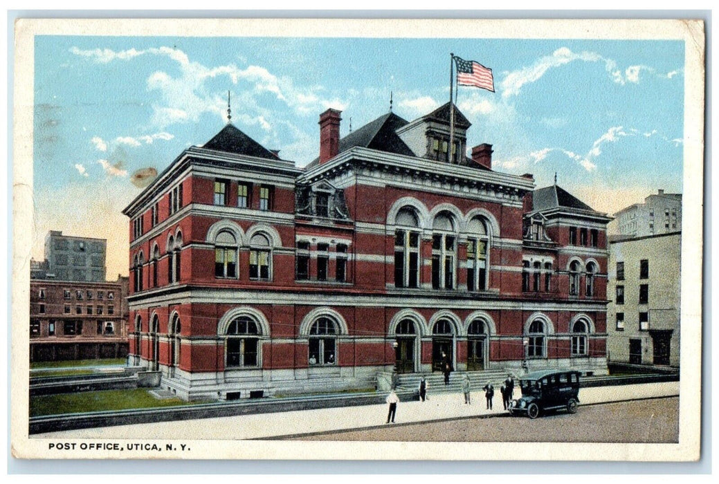 1919 Post Office Building Car Street Scene Utica New York NY Antique Postcard