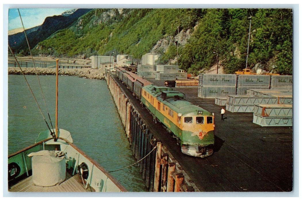1960 White Pass Yukon Passenger Locomotive Train Skagway Dock Alaska AK Postcard
