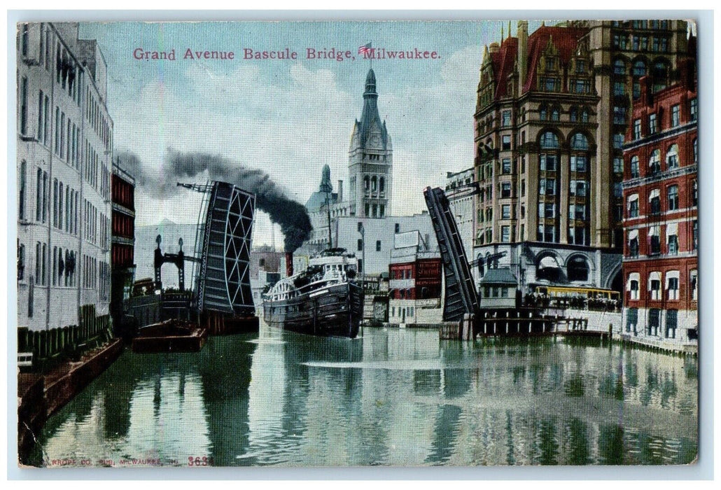 1912 Steamer Ship Grand Avenue Bascule Bridge Milwaukee Wisconsin WI Postcard