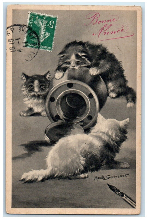 c1910's New Year Bonne Annee Cat Kittens Maude Serivener Antique Postcard