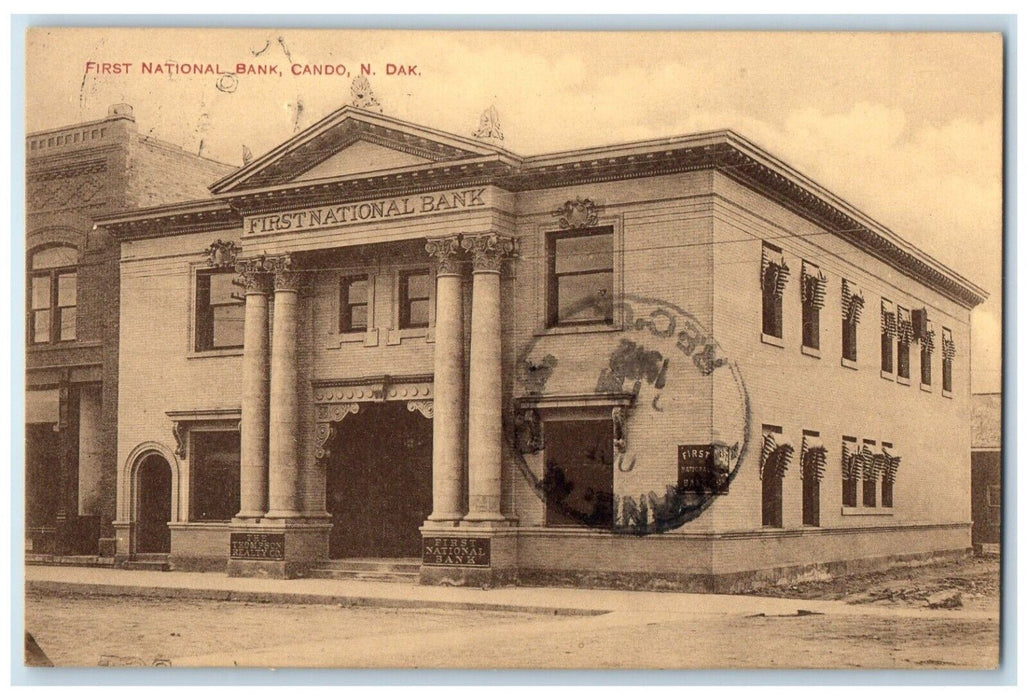 1912 Exterior First National Bank Building Cando North Dakota ND Posted Postcard