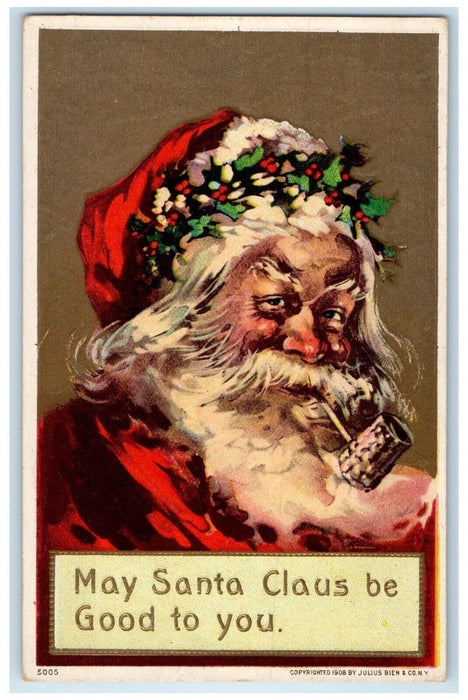 c1910's Christmas Santa Claus Pipe Berries Embossed Posted Antique Postcard