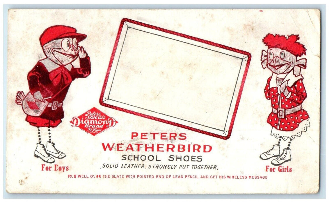 c1910 Peters Weatherbird School Shoes Boys Girls Advertising Antique Postcard