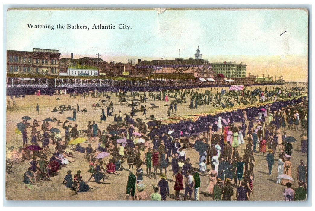 1910 Aerial View Watching Bathers Crowd Beach Atlantic City New Jersey Postcard