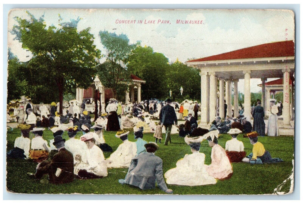 1910 Concert Lake Park People Sitting Grass Milwaukee Wisconsin Vintage Postcard