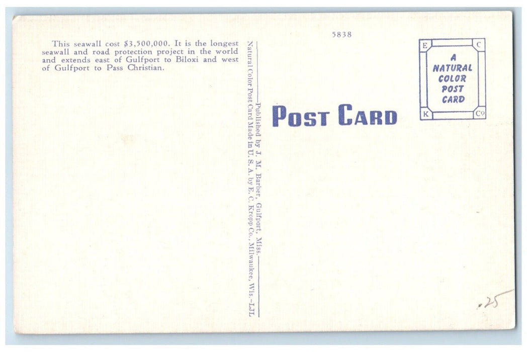 1940 Scenic View Harrison County Sea Wall Gulfport Mississippi Unposted Postcard