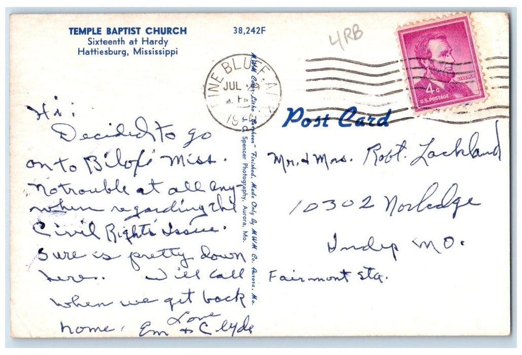 1964 Temple Baptist Church Sixteenth Hardy Hattiesburg Mississippi MS Postcard