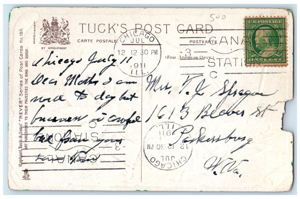 1911 Couple Romance Dwig Chicago Illinois IL Tuck's Posted Antique Postcard