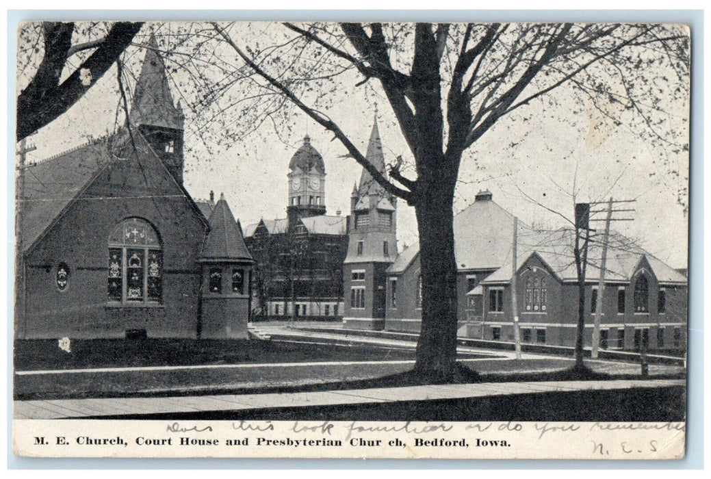 1910 M.E. Church Court House Presbyterian Church Bedford Iowa IA Posted Postcard