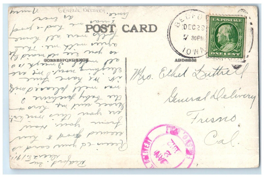 1910 M.E. Church Court House Presbyterian Church Bedford Iowa IA Posted Postcard