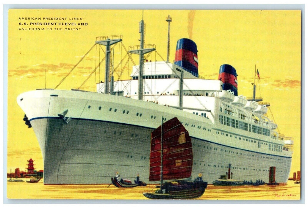 American President Lines SS Steamer President Cleveland California CA Postcard