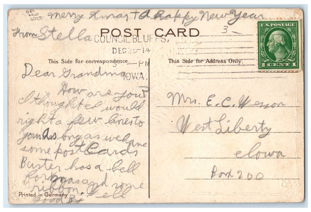 1914 Christmas Pine Leaf Embossed Gel Gold Gilt Council Bluffs Iowa IA Postcard