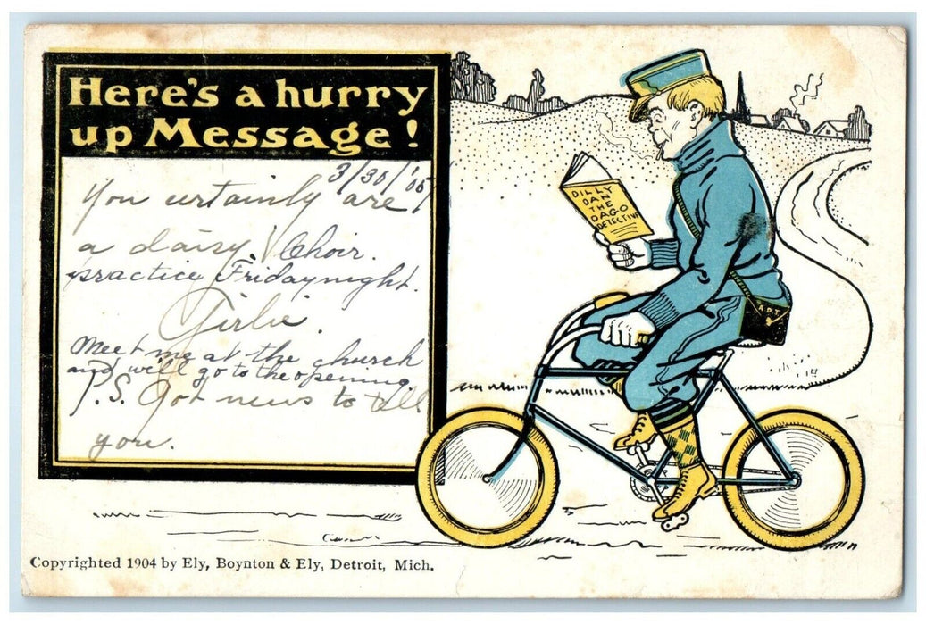 1905 Mailman Riding Bicycle Smoking Cigarette Saginaw Michigan MI Postcard