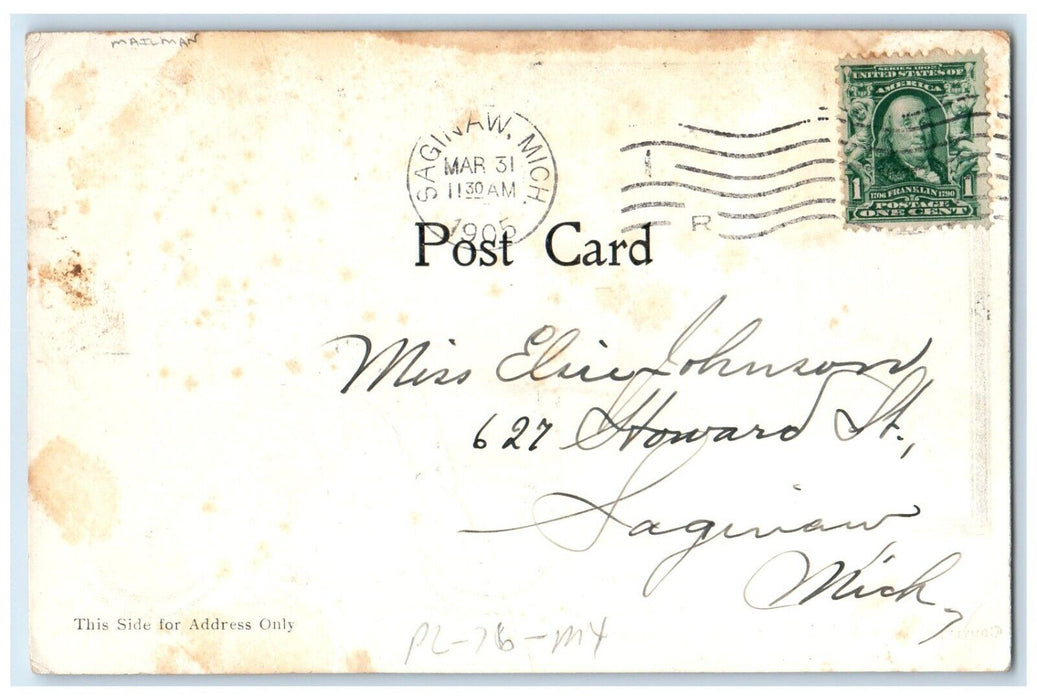 1905 Mailman Riding Bicycle Smoking Cigarette Saginaw Michigan MI Postcard