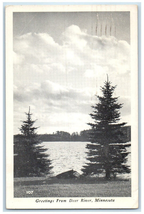 1949 Scenic View Lake Palm Trees Greetings From Deer River Minnesota MN Postcard