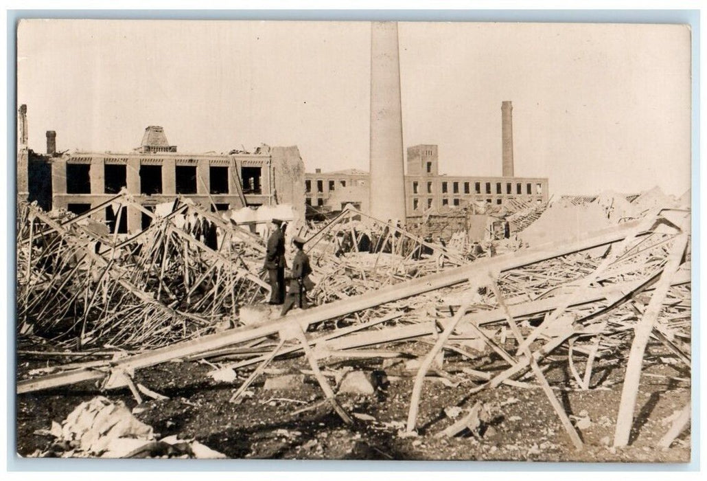 1916 WWI German Factory After Bombing Scene Soldiers Germany RPPC Photo Postcard