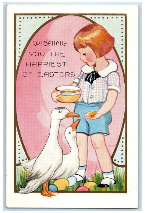 c1920's Easter Kid Feeding Goose Eggs Birdville Pennsylvania PA DPO Postcard