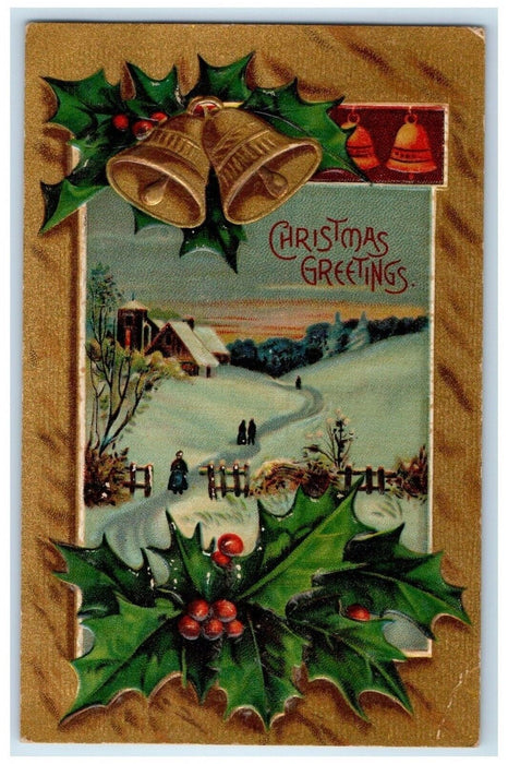 1911 Christmas Greetings Ringing Bells Holly Berries Penbrook PA Posted Postcard