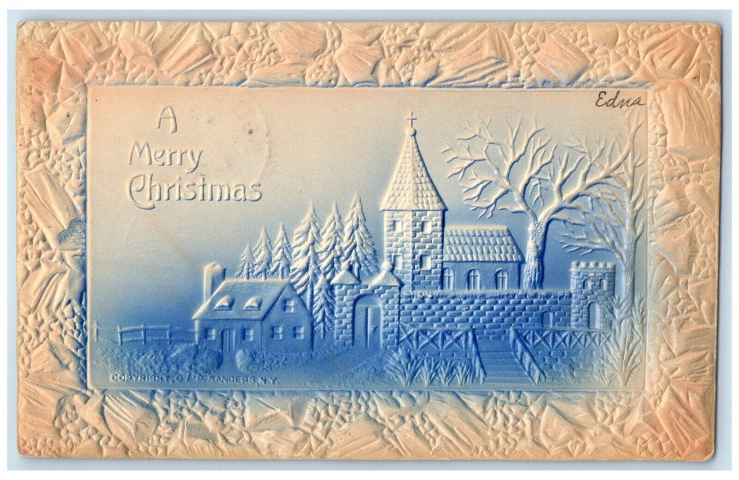 1908 Christmas House Church Airbrushed P. Sanders Embossed Aspers PA Postcard