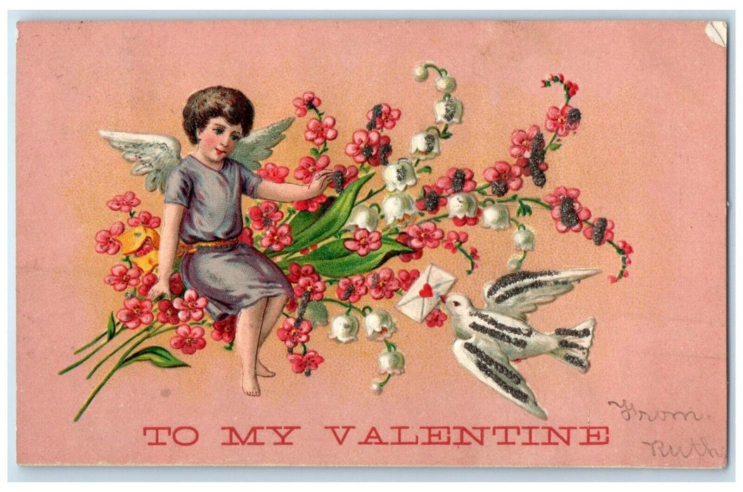 1907 Valentine Angel Dove With Letter Flowers Embossed Long Island NY Postcard