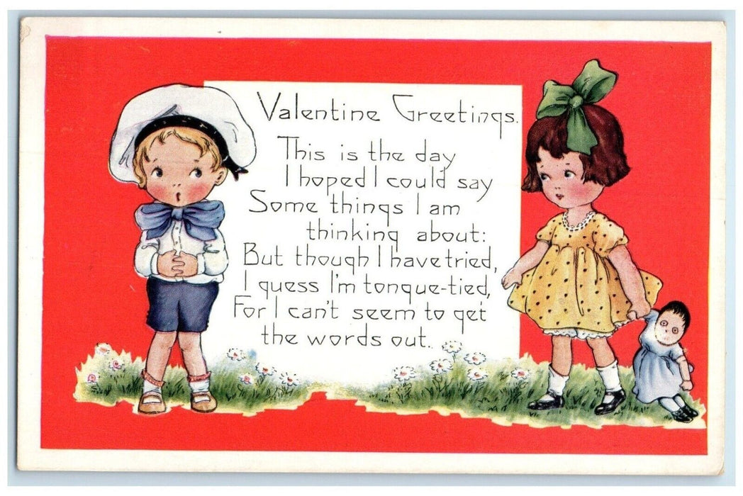 c1910's Valentine Greetings Children Doll Embossed Unposted Antique Postcard