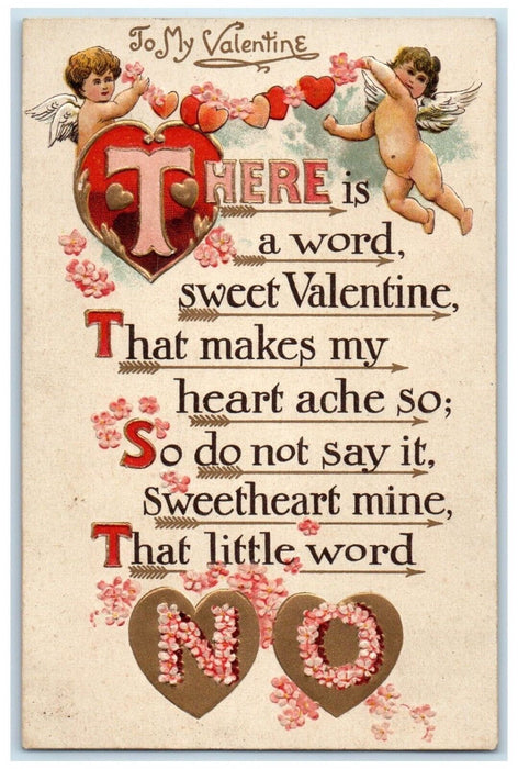 c1910's Valentine Cupid Angel Message Heats Flowers Embossed Antique Postcard