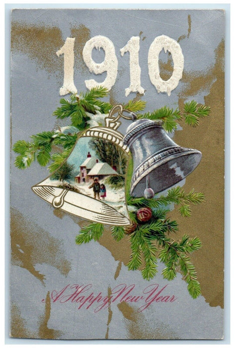 c1910's New Year Ringing Bells Pine Cone Large Number Winsch Back Postcard