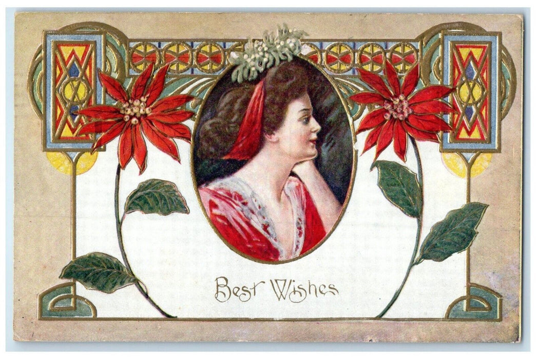 1910 Best Wishes Art Nouveau Pretty Woman Poinsettia Flowers Embossed Postcard