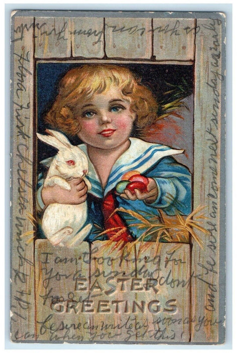 1920 Easter Greetings Little Girl Rabbit And Eggs Embossed Jackson MI Postcard