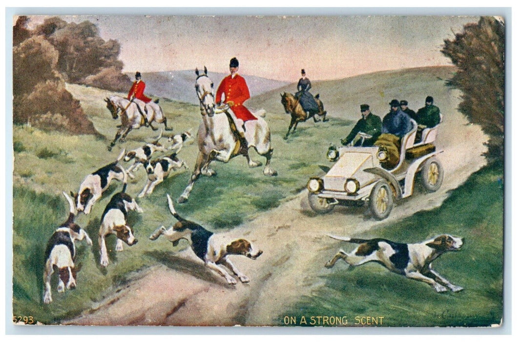 1908 Dogs Horses Car On A Strong Scent Viroqua Wisconsin WI Antique Postcard