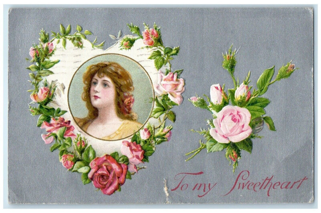 1909 Valentine Heart Flowers Pretty Woman Winsch Back Embossed Antique Postcard