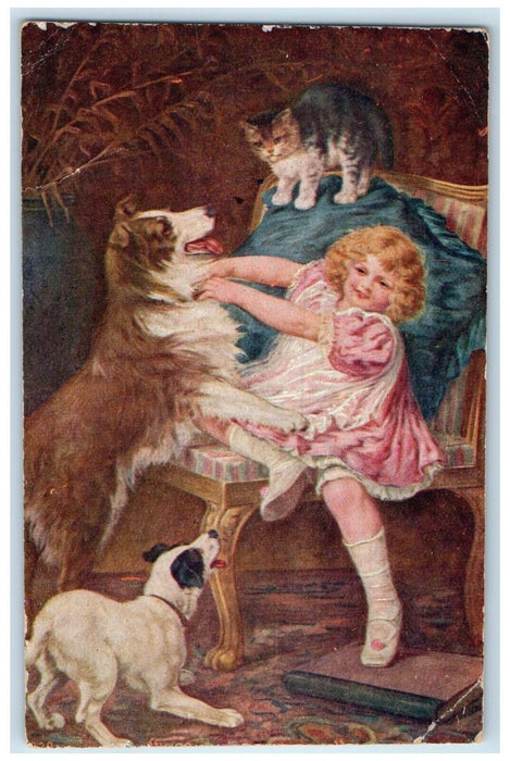 1907 Collie Dog And Little Girl Playing Cat  New York NY Posted Antique Postcard