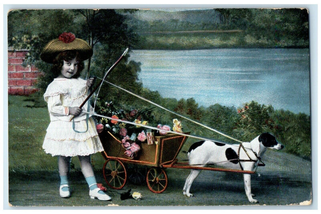 1907 Cute Little Girl Terrier Dog Pulling Wagon With Flowers Antique Postcard
