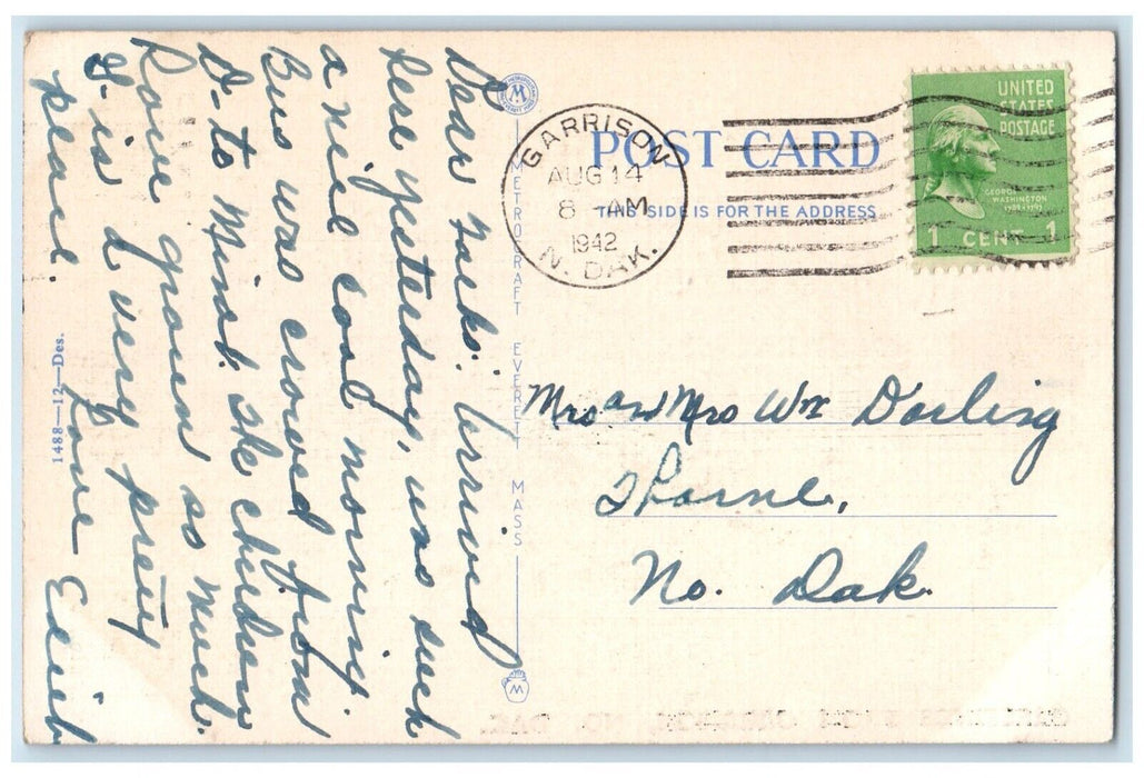 1942 Greetings From Garrison North Dakota ND, Dirt Road River Scene Postcard