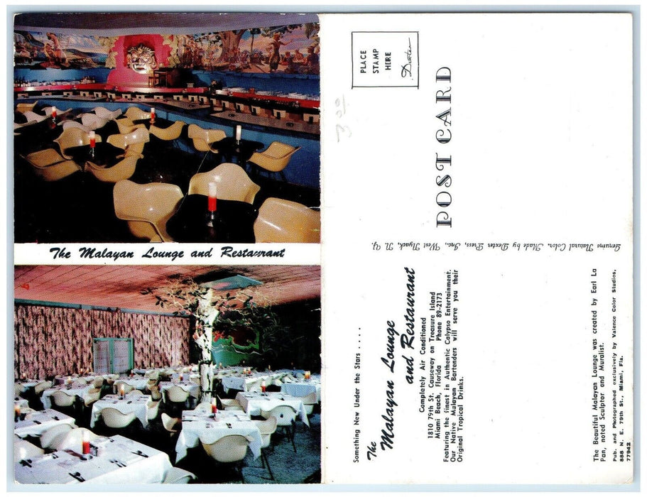 The Malayan Lounge And Restaurant Miami Beach Florida FL Dual View Postcard