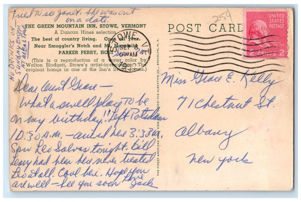 1952 Green Mountain Inn Parker Perry Host Stowe Vermont Vintage Antique Postcard