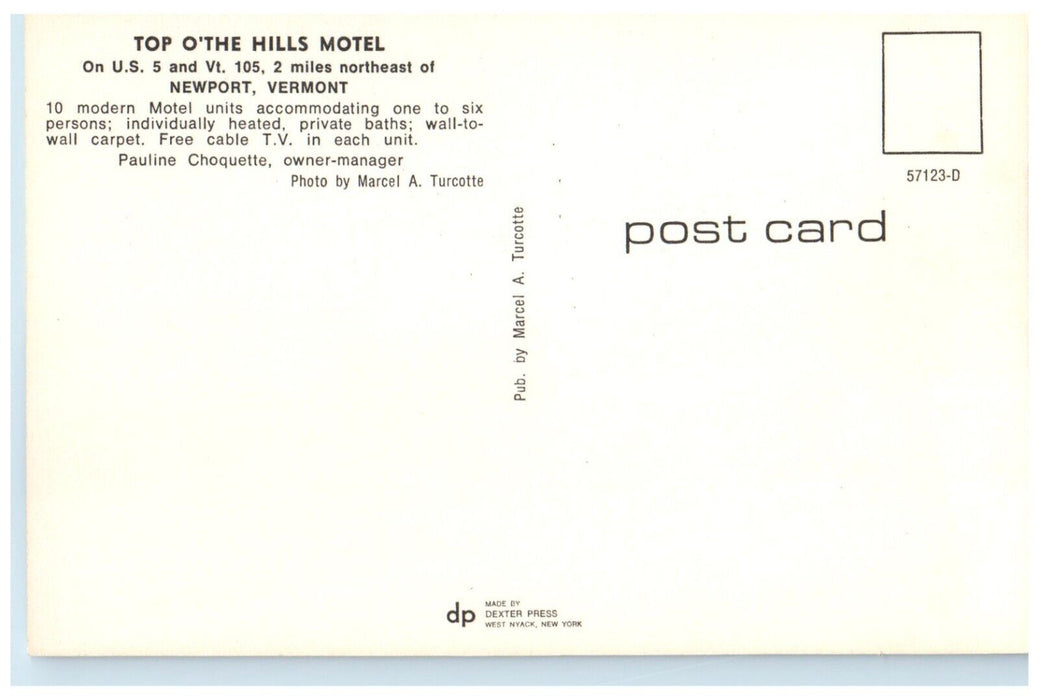c1960 Top O The Hills Motel Northeast Wall-To-Wall Newport Vermont VT Postcard