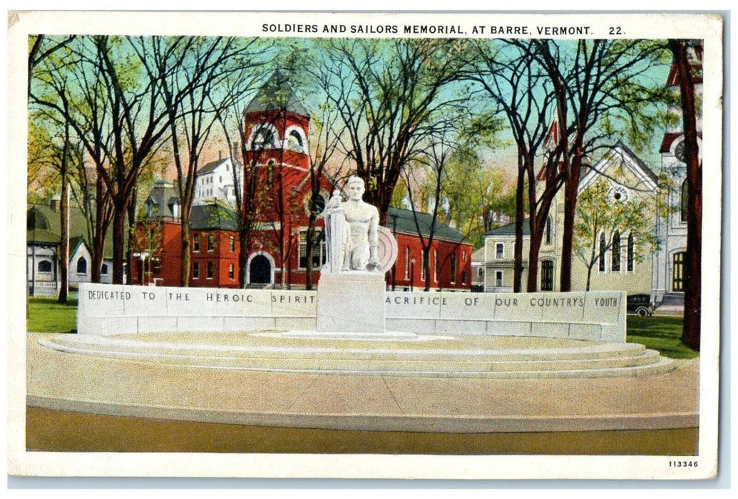 c1940 Soldiers Sailors Memorial Monument Barre Vermont Vintage Antique Postcard