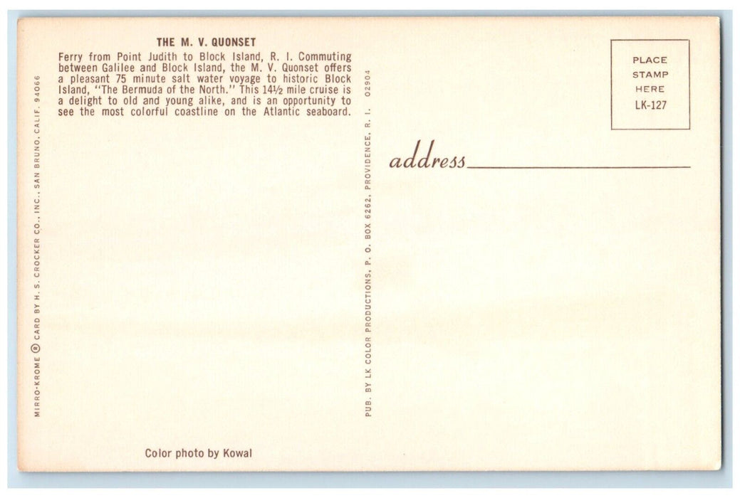 c1960 M.V Quonset Ferry Point Judith Block Island Rhode Island Unposted Postcard