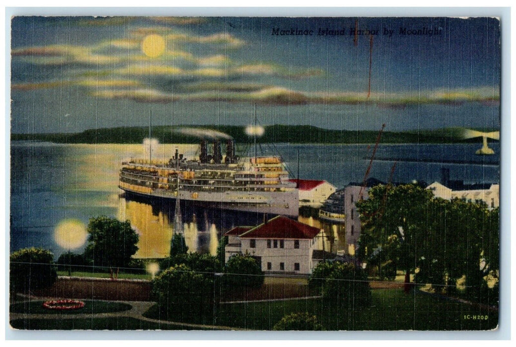 1957 Aerial View Steamer Mackinac Island Harbor Moonlight Michigan MI Postcard