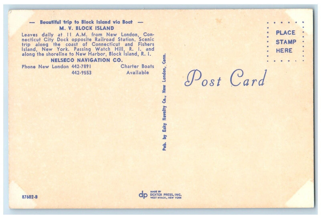 1960 M/V Block Island Boat Nelseco Navigation Co New London Connecticut Postcard