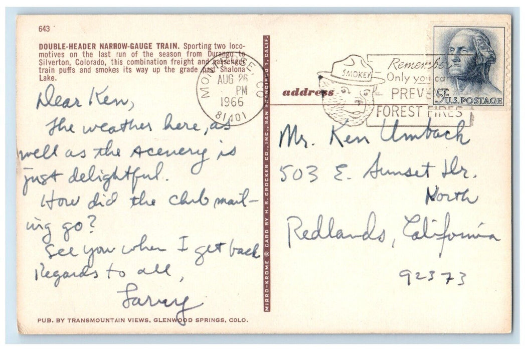 1966 Double Header Narrow Gauge Train Locomotives Silverton Colorado CO Postcard