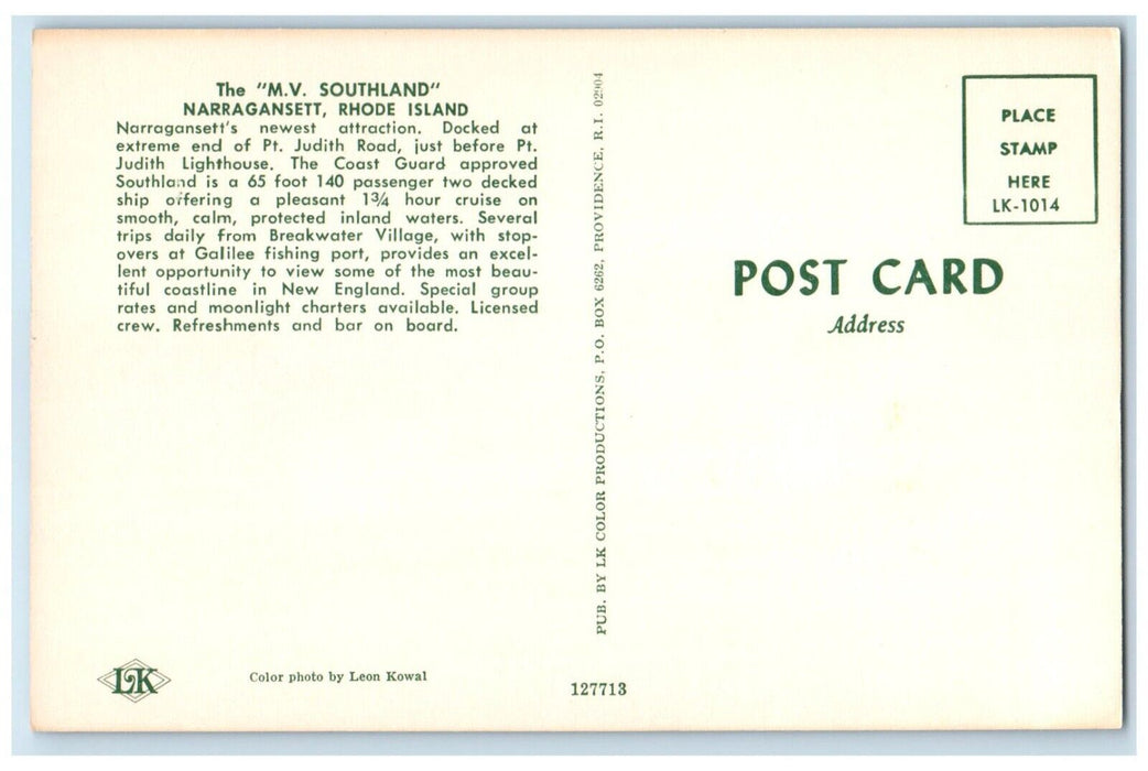 c1960 M. V Southland Breakwater Village Dock Narragansett Rhode Island Postcard