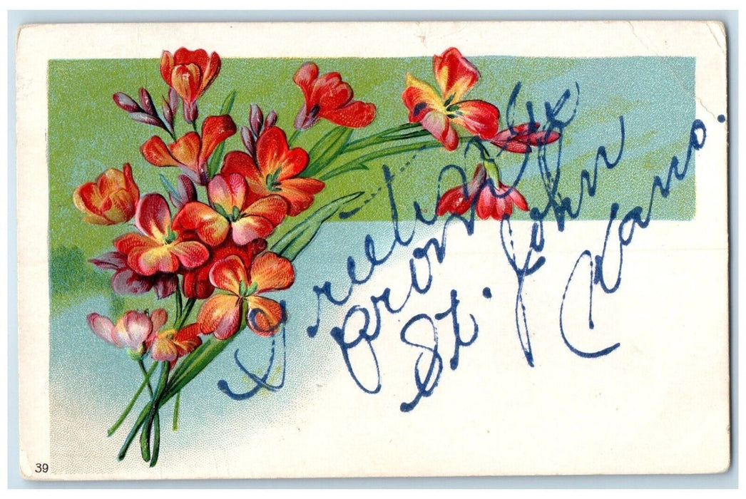 1909 Flowers Embossed Greetings From St John Kansas Luka Posted Vintage Postcard