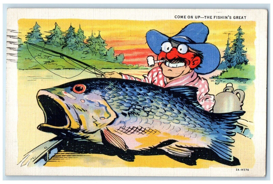 1934 Come On Up Fishin's Great Detroit Lakes Minnesota Antique Vintage Postcard