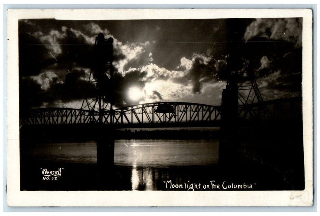 c1918 Moonlight Columbia River Bridge Marcell Vancouver WA RPPC Photo Postcard