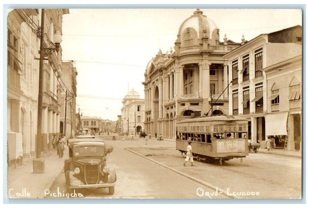 c1940 Street Trolley Scene Calle Pichincha Guayaquil Ecuador RPPC Photo Postcard